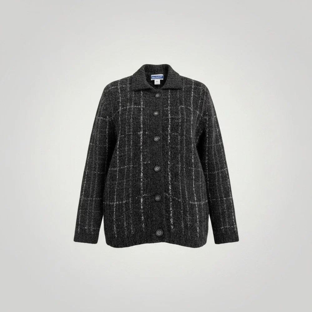 Pendleton Cardigan Sweater Women Medium Grey Plaid Wool Blend Boucle Heritage
